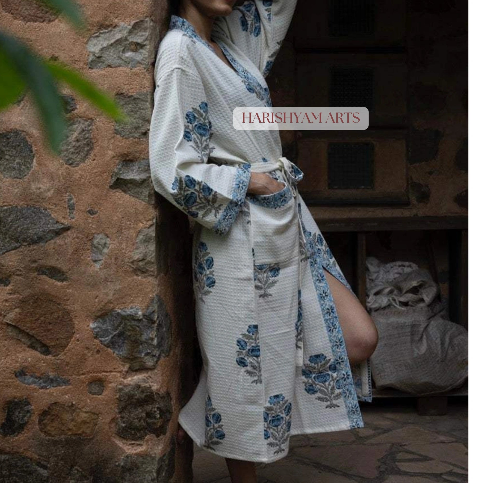 Blue Blossom Hand Printed Cotton Bathrobe