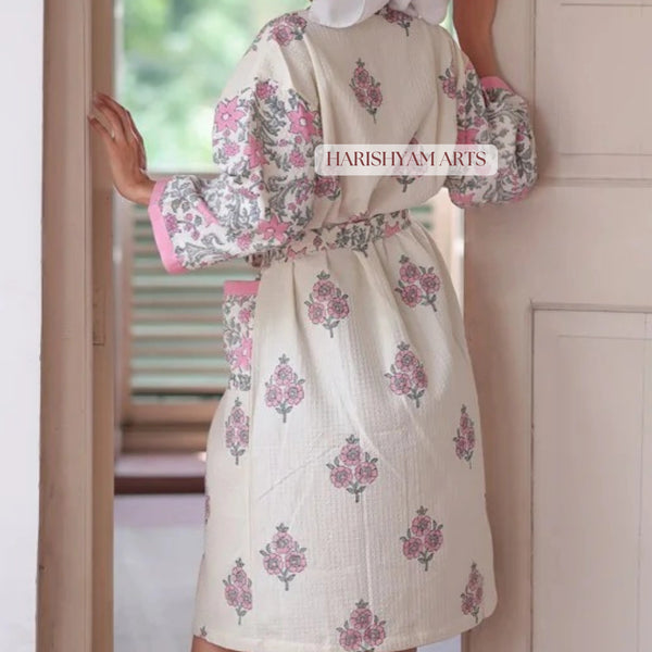 Blossom Bloom Indian Block Print Cotton Bathrobe Pink Floral Variant