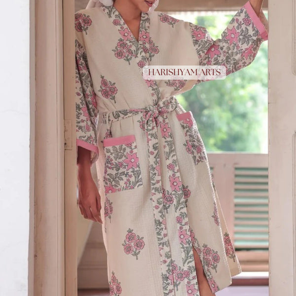 Blossom Bloom Indian Block Print Cotton Bathrobe Pink Floral Variant