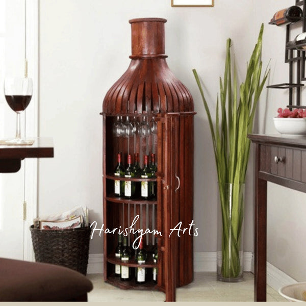 Bottle-Shaped Wooden Bar Cabinet with Glass and Bottle Storage