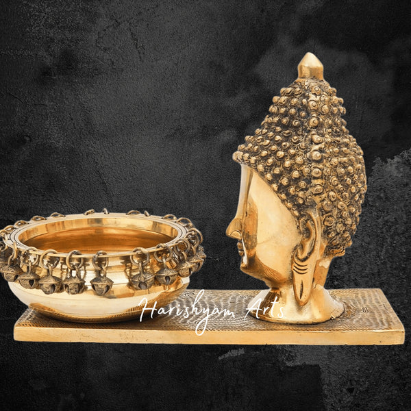 Brass Buddha Head with Decorative Urli Bowl for Peaceful Ambience