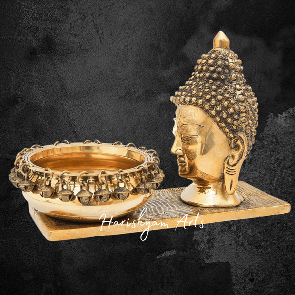 Brass Buddha Head with Decorative Urli Bowl for Peaceful Ambience