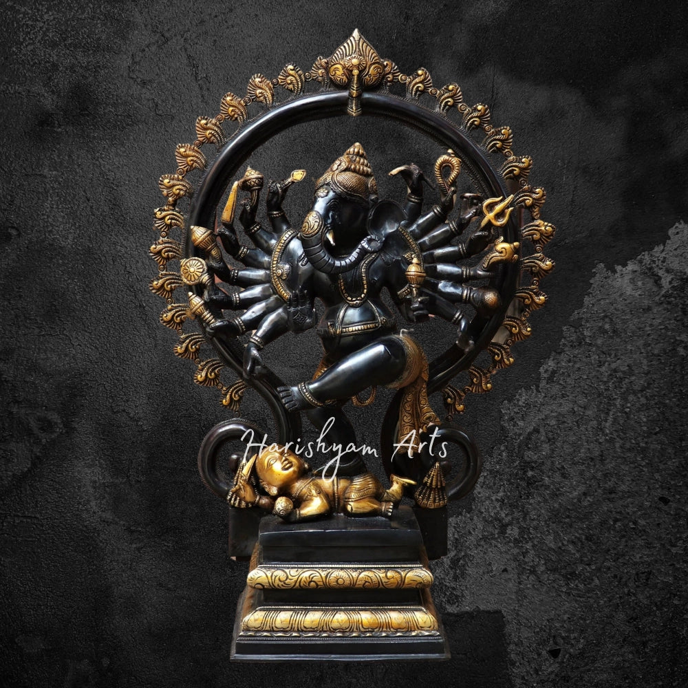 Brass Dancing Lord Ganesha Statue Gold Black 25"