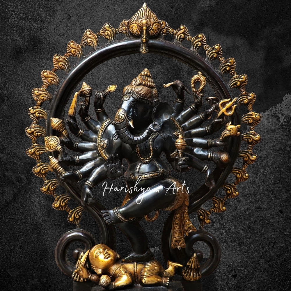 Brass Dancing Lord Ganesha Statue Gold Black 25"