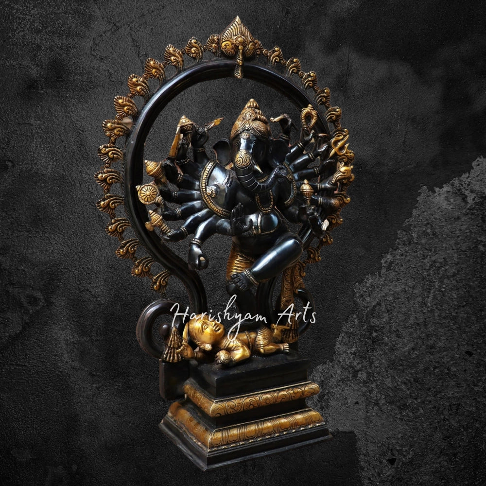 Brass Dancing Lord Ganesha Statue Gold Black 25"