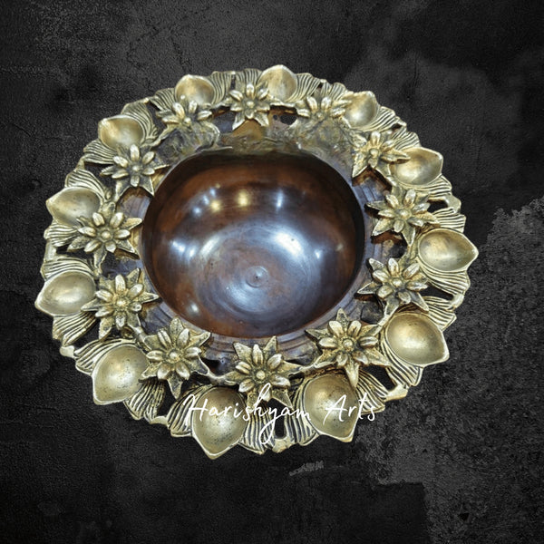 Brass Floral Urli Bowl with Diya Set for Festive Decor and Gifting Purposes