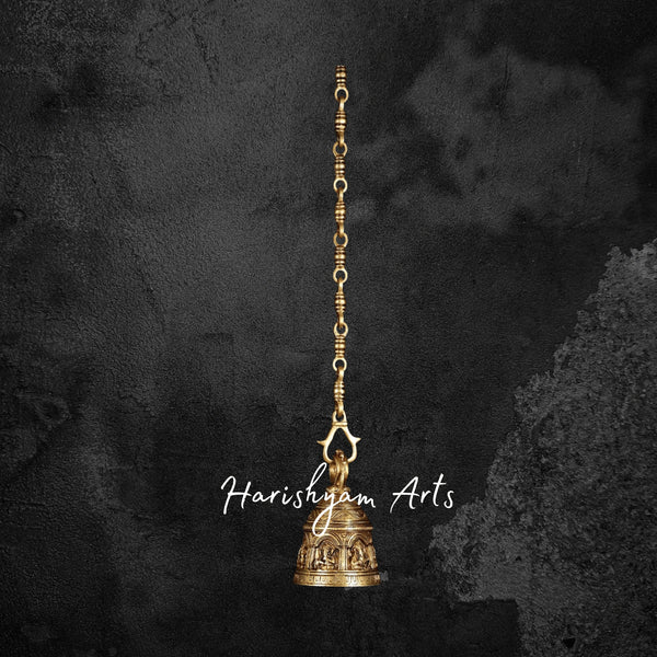 Brass Hanging Temple Bell with Engraved Ganesha as Divine Musicians