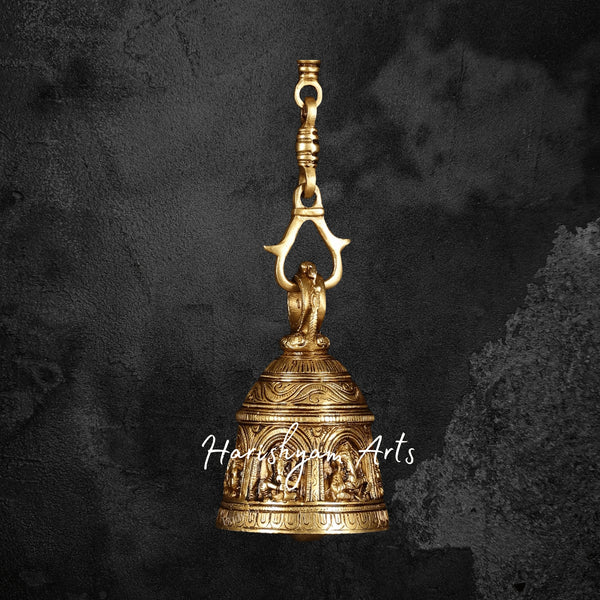 Brass Hanging Temple Bell with Engraved Ganesha as Divine Musicians