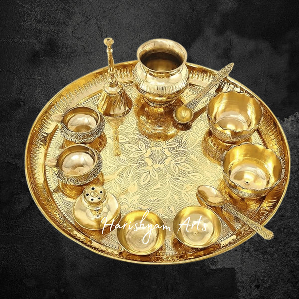 Brass Pooja Thali Set with Kalash Diya and Accessories for Home Temple