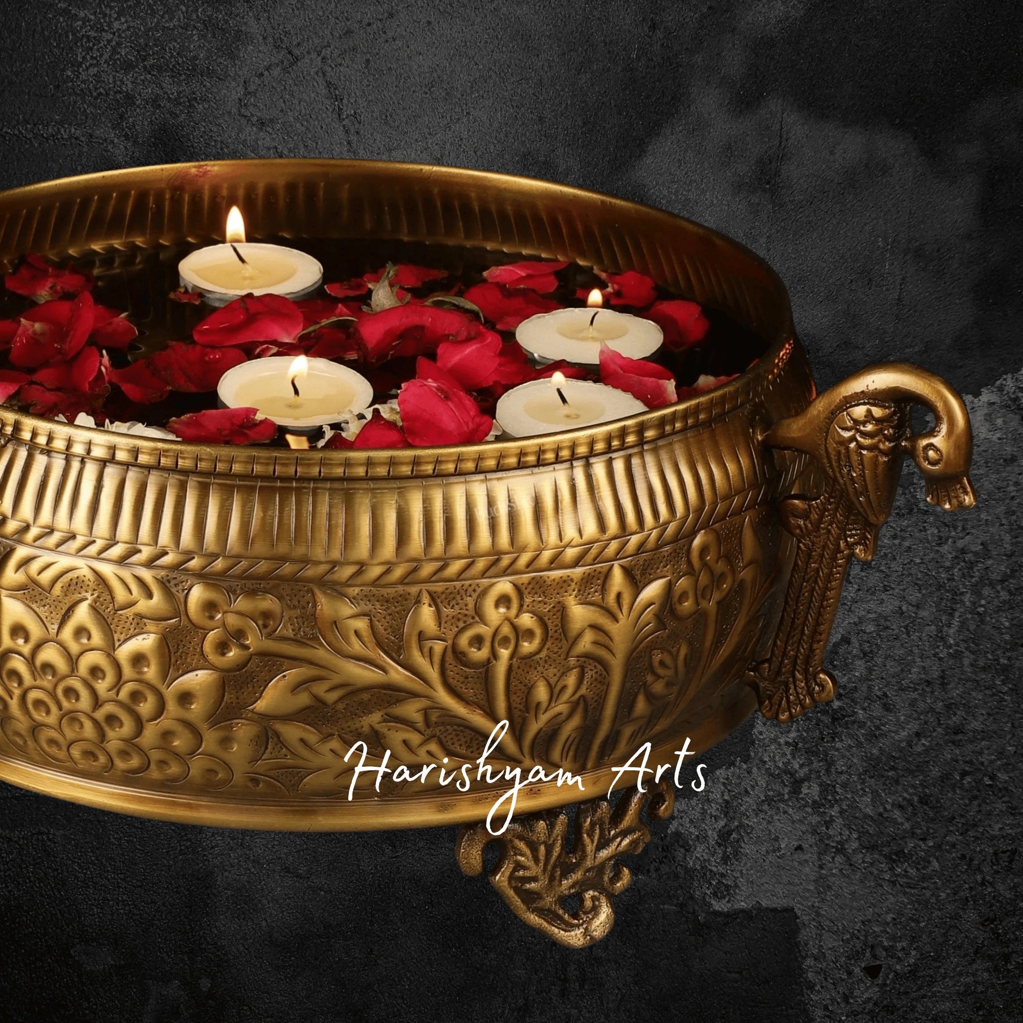 Brass Urli with Intricate Peacock Handles for Traditional Indian Decoration2