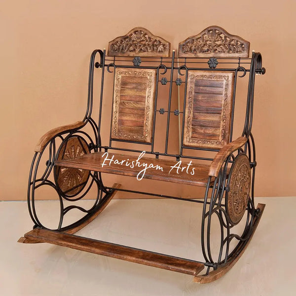 Brown Wooden & Iron Couple Rocking Chair