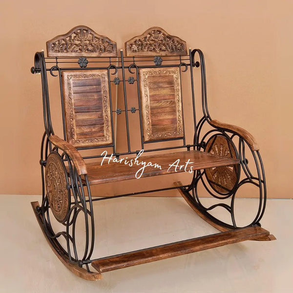 Brown Wooden & Iron Couple Rocking Chair