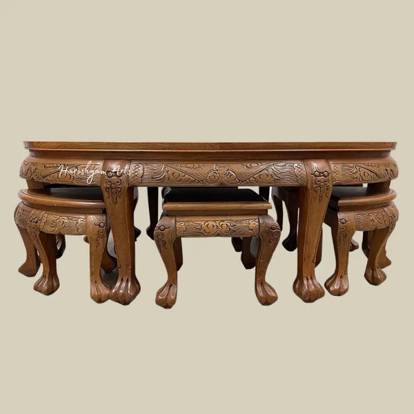 Carved Antique Coffee Table Set With 6 Nesting Chairs