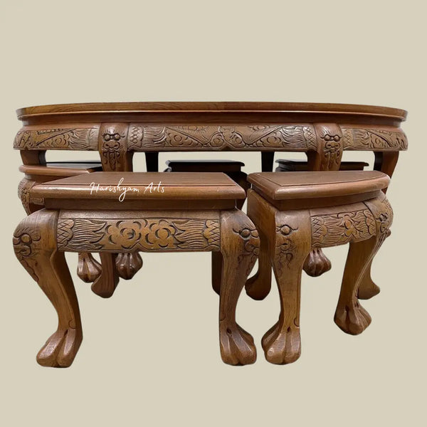 Carved Antique Coffee Table Set With 6 Nesting Chairs