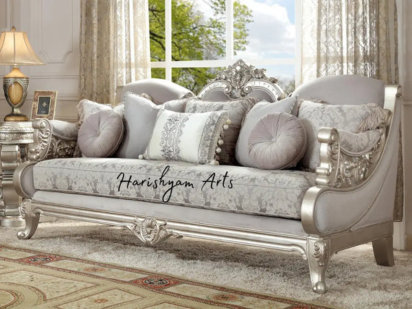 Carved Wood 2-Piece Metallic Silver Sofa Set