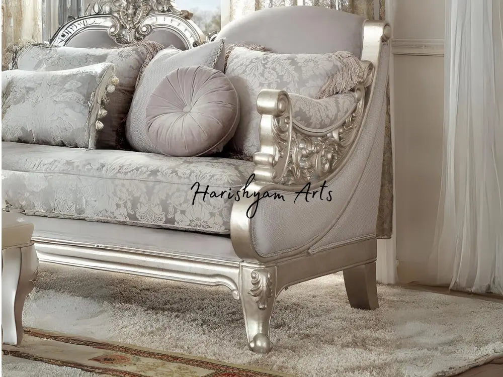 Carved Wood 2-Piece Metallic Silver Sofa Set