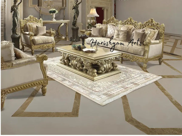 Carved Wood 3-Piece Metallic Bright Gold Sofa Set