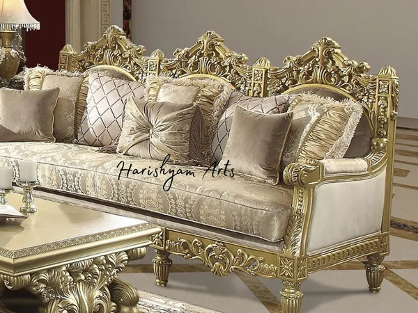 Carved Wood 3-Piece Metallic Bright Gold Sofa Set