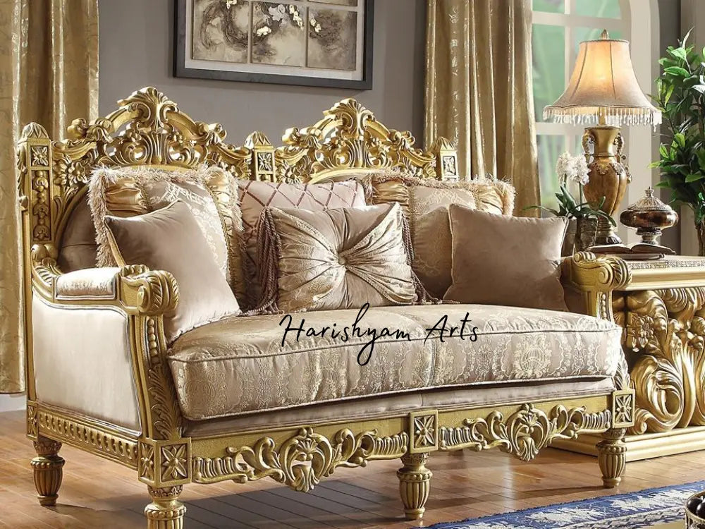 Carved Wood 3-Piece Metallic Bright Gold Sofa Set