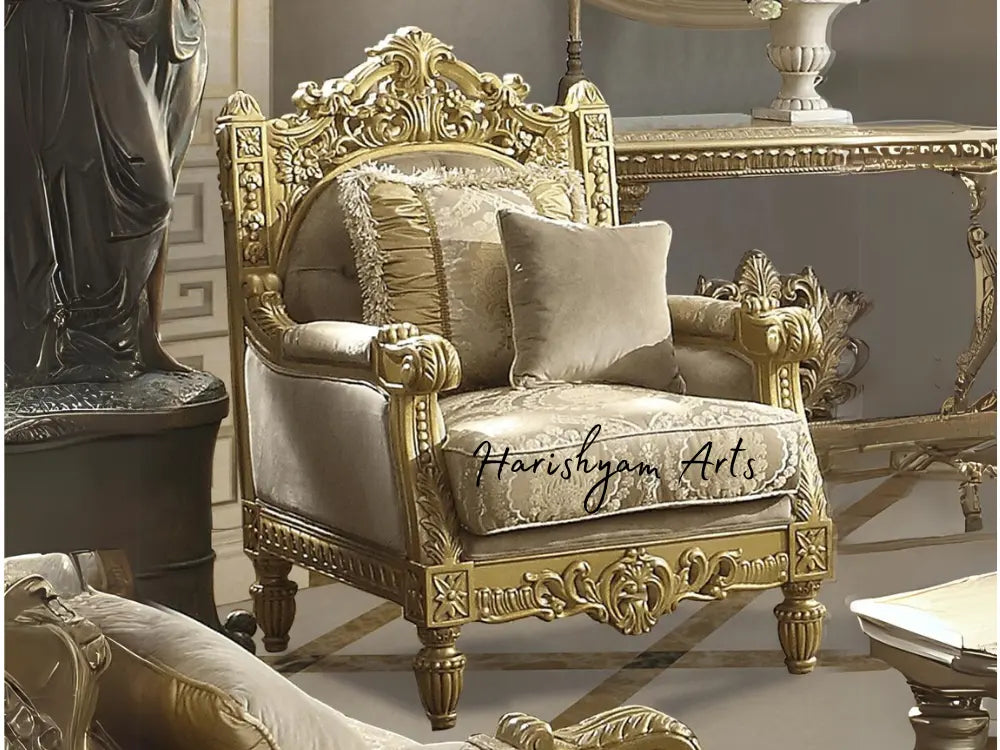 Carved Wood 3-Piece Metallic Bright Gold Sofa Set