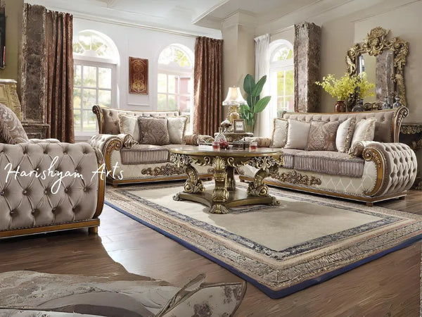 Carved Wood Brown and Beige Tufted Traditional Sofa Set