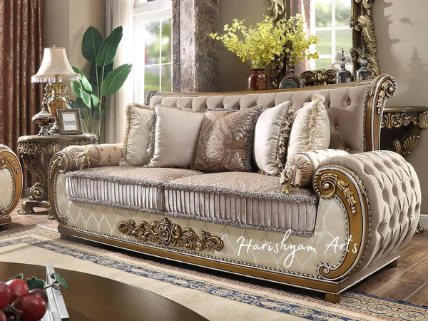 Carved Wood Brown and Beige Tufted Traditional Sofa Set