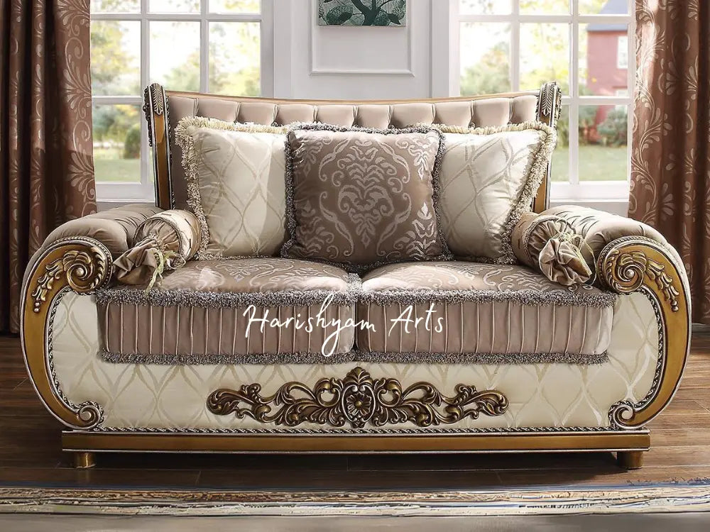 Carved Wood Brown and Beige Tufted Traditional Sofa Set