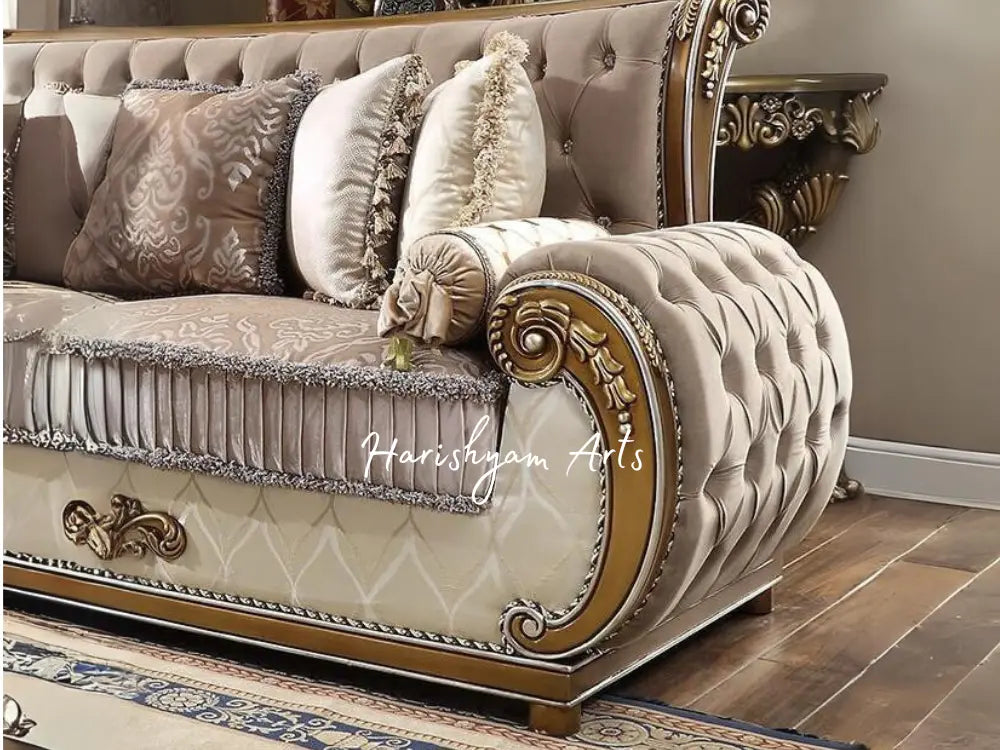 Carved Wood Brown and Beige Tufted Traditional Sofa Set