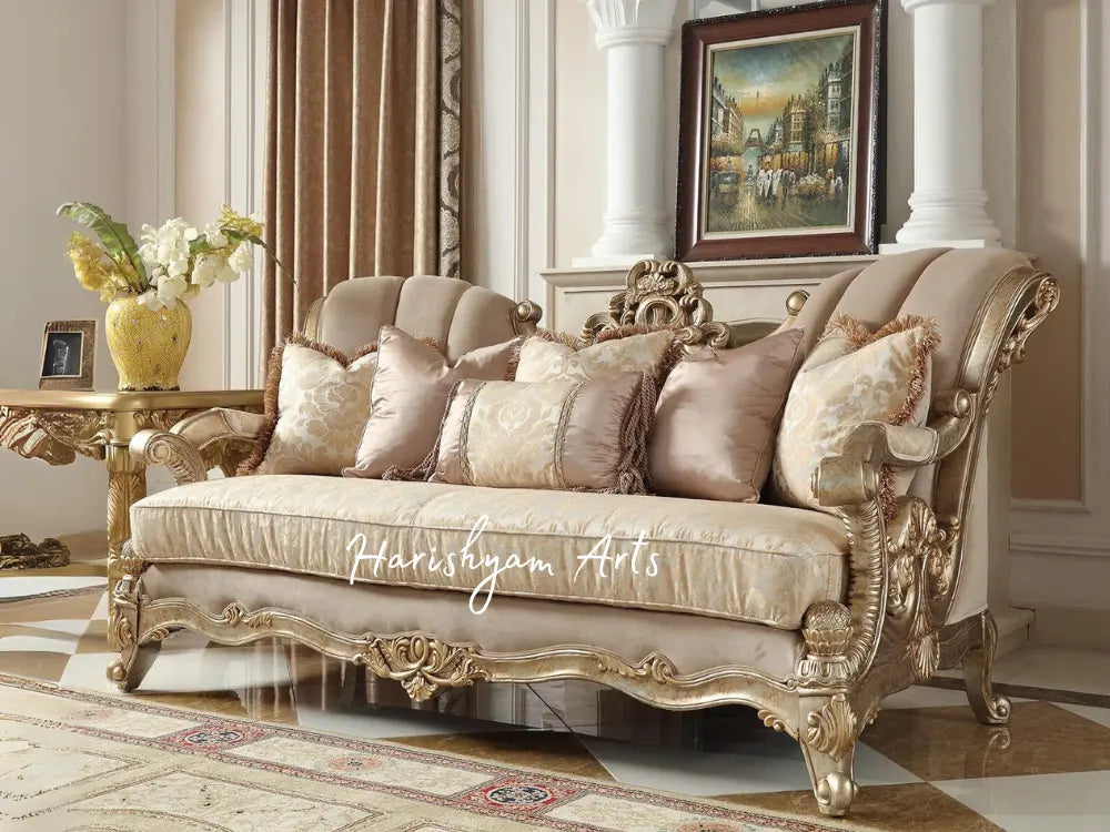 Carved Wood Champagne Chenille Sofa Set