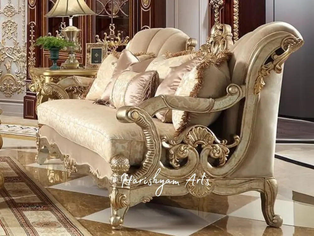 Carved Wood Champagne Chenille Sofa Set