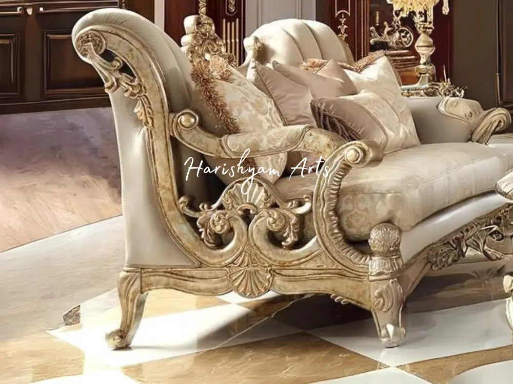 Carved Wood Champagne Chenille Sofa Set