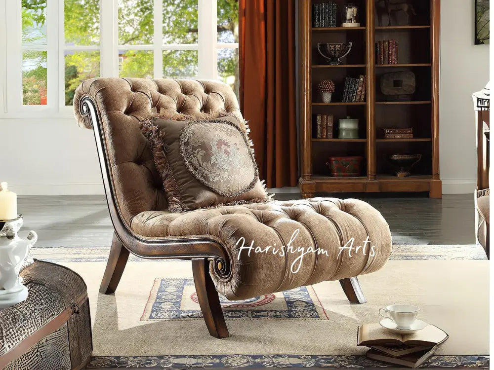 Carved Wood Mahogany Armchair in Beige Sofa Set