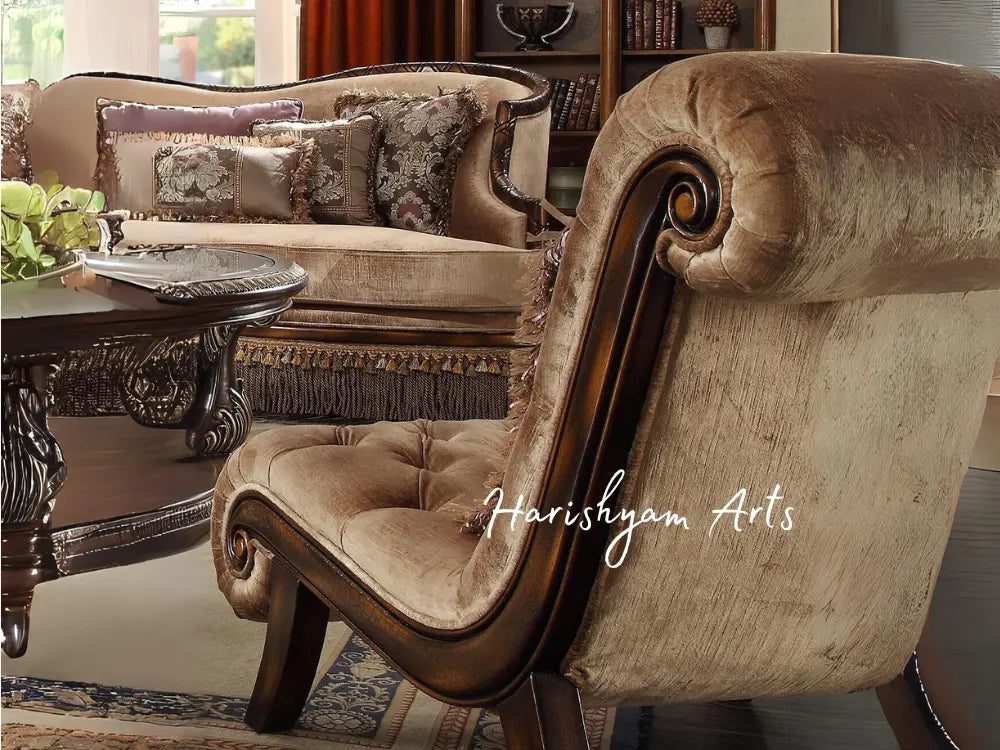 Carved Wood Mahogany Armchair in Beige Sofa Set