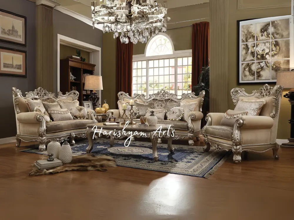 Champagne Armchair and Luxurious Fabric Sofa Set