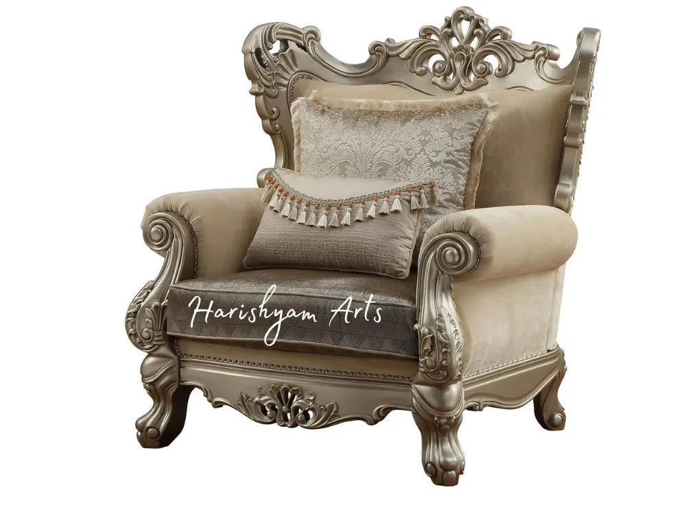 Champagne Armchair and Luxurious Fabric Sofa Set