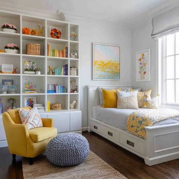 Cheerful Yellow-Accent Children’s Bedroom with Built-In Shelving