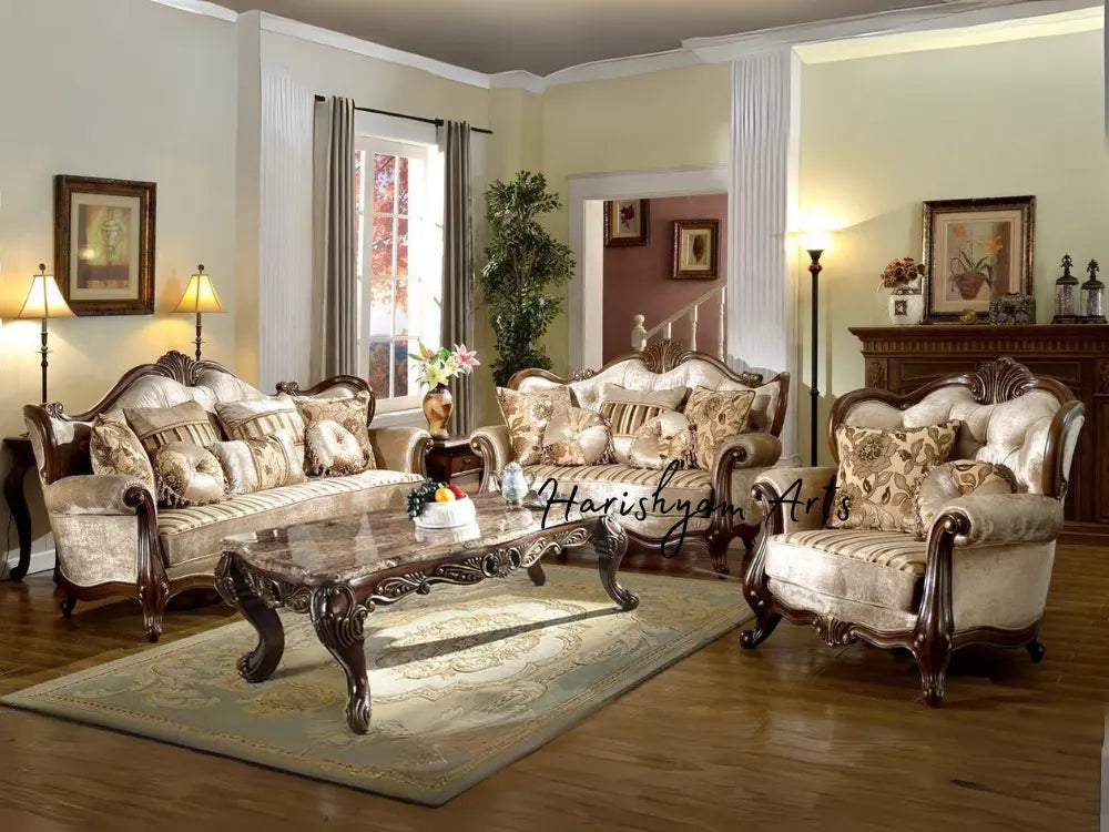 Cherry Carved Wood 2-Piece French Beige Chenille Sofa Set