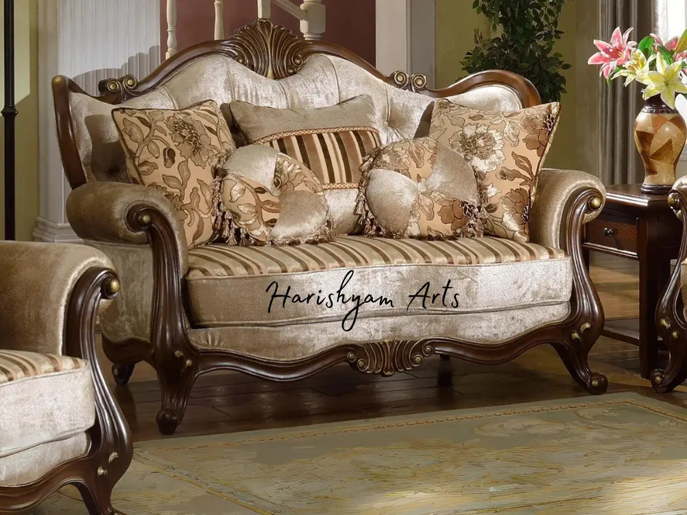 Cherry Carved Wood 2-Piece French Beige Chenille Sofa Set