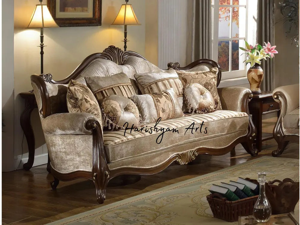 Cherry Carved Wood 2-Piece French Beige Chenille Sofa Set