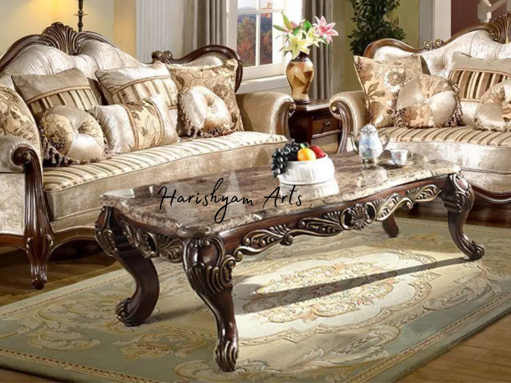 Cherry Carved Wood 2-Piece French Beige Chenille Sofa Set