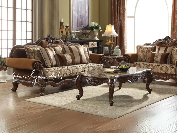 Cherry Oak and Brown Fabric Sofa Set