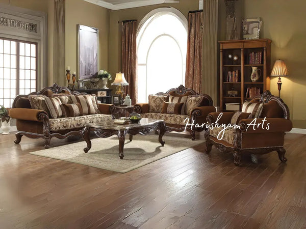 Cherry Oak and Brown Fabric Sofa Set