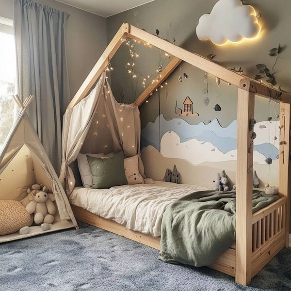 Children’s Bedroom with House-Shaped Wooden Bed and Cloud-Themed Decor