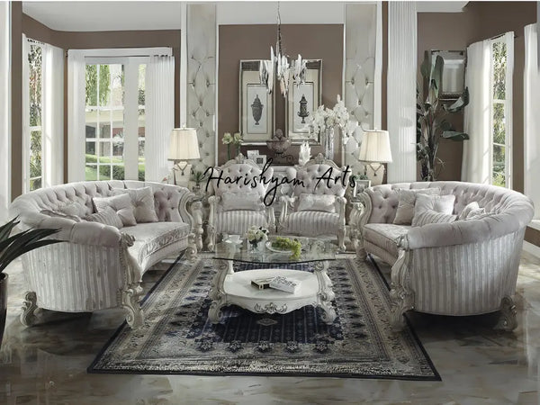 Classic 2-Piece Ivory Velvet Antique White Levon Curved Crystal Tufted Sofa Set