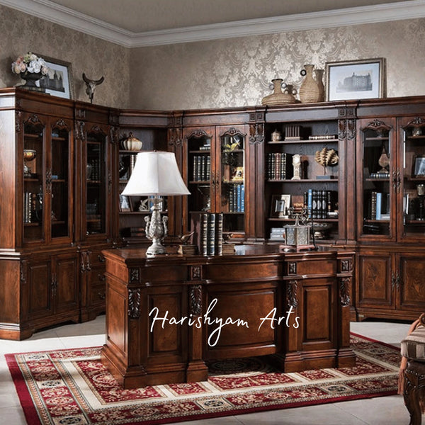 Classic Aristocrat Home Office Furniture Ensemble featuring Solid Wood Executive Desk and Large Antique Bookcase Display