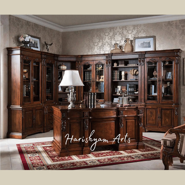Classic Aristocrat Home Office Furniture Ensemble featuring Solid Wood Executive Desk and Large Antique Bookcase Display