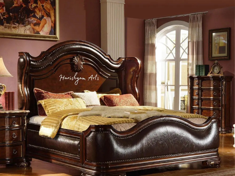 Classic Cherry Sleigh Style Queen Bed with Bonded Leather