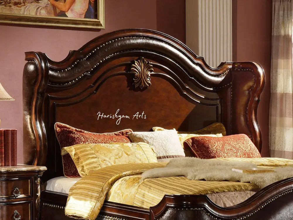 Classic Cherry Sleigh Style Queen Bed with Bonded Leather