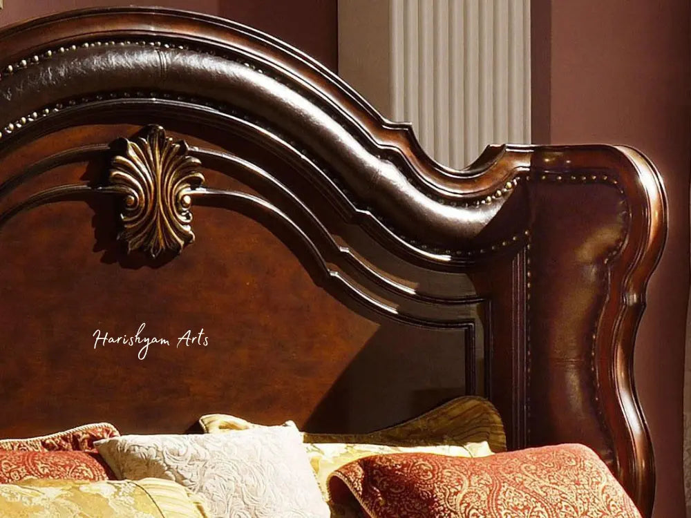 Classic Cherry Sleigh Style Queen Bed with Bonded Leather