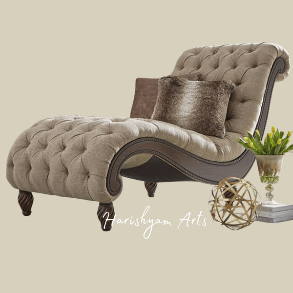 Classic Contemporary Chaise Lounge with Hand Carved Wooden Legs